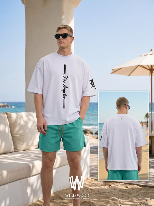 Su Yeşili Deniz Şortu + LA baskılı T-shirt Birlikte al kombin