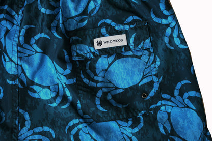 Wild Wood "Deep Blue Crab" Yengeç Desenli Hızlı Kuruyan Erkek Deniz Şortu