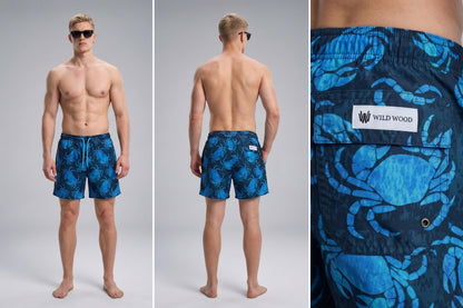 Wild Wood "Deep Blue Crab" Yengeç Desenli Hızlı Kuruyan Erkek Deniz Şortu